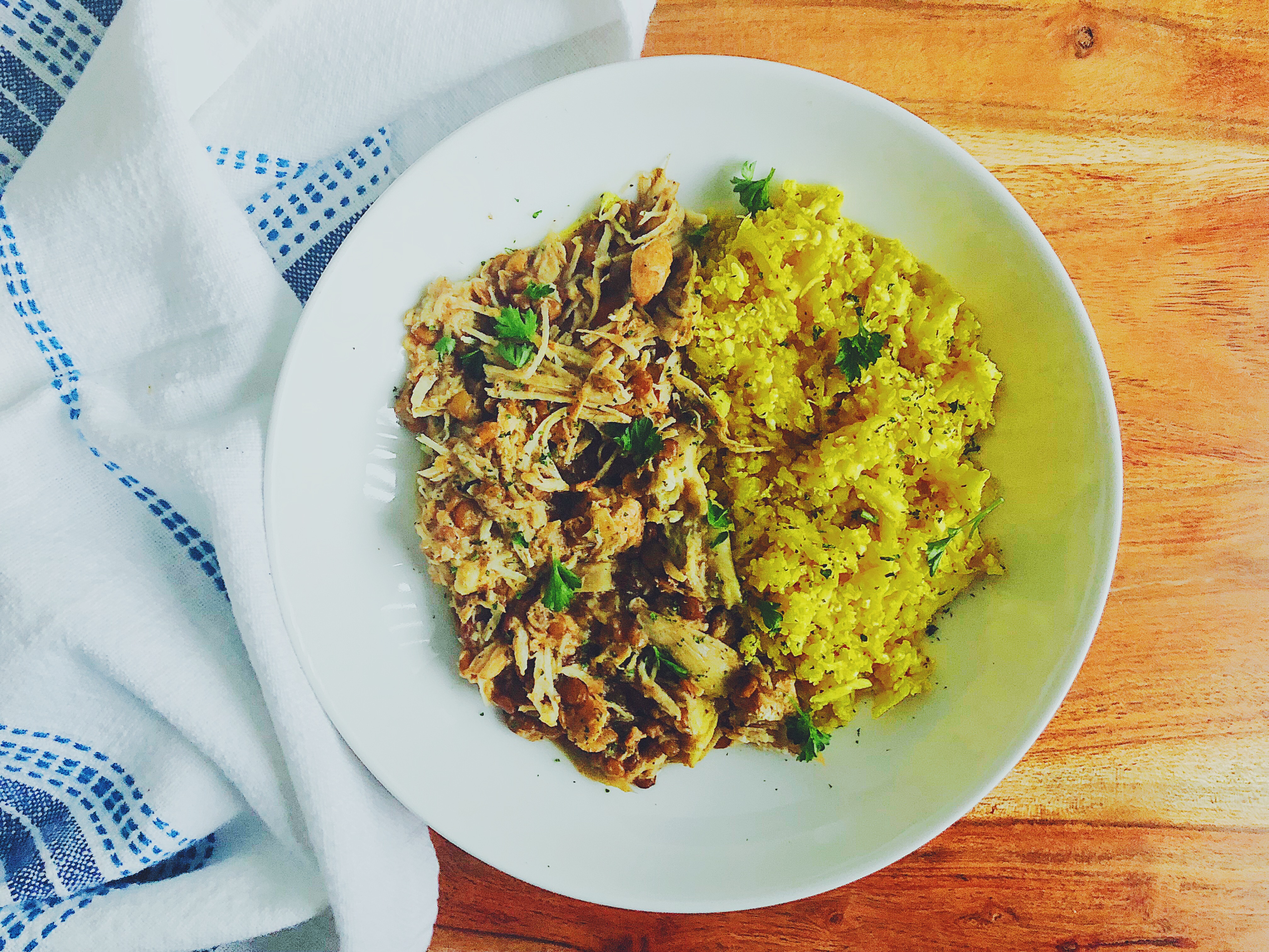 Pressure Cooker Shredded Chicken, Lentils & Artichokes with Turmeric Cauliflower Rice 