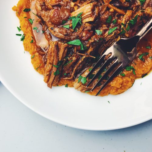 Braised Pork Shoulder Roast, shredded and served with a puree of sweet potato and carrots