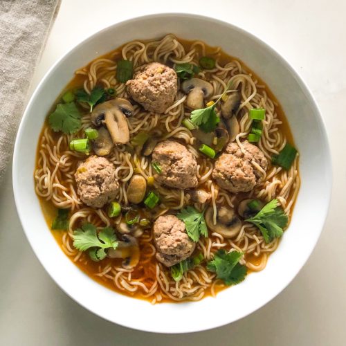 Wonton inspired soup with meatballs & noodles