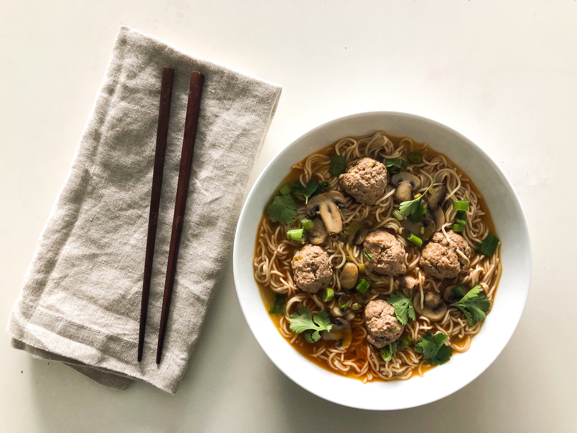 Wonton inspired soup with meatballs & noodles