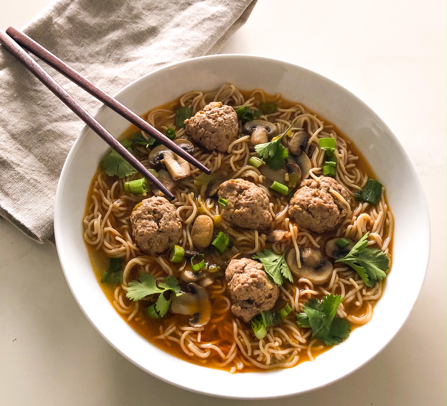 Wonton Inspired soup with meatballs & noodles