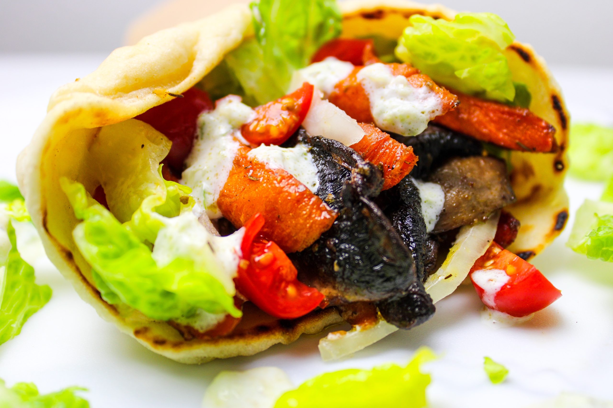 Carrot & Murshroom Gyro meat substitute in a wrap