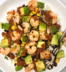 burrito bowl with shrimp.