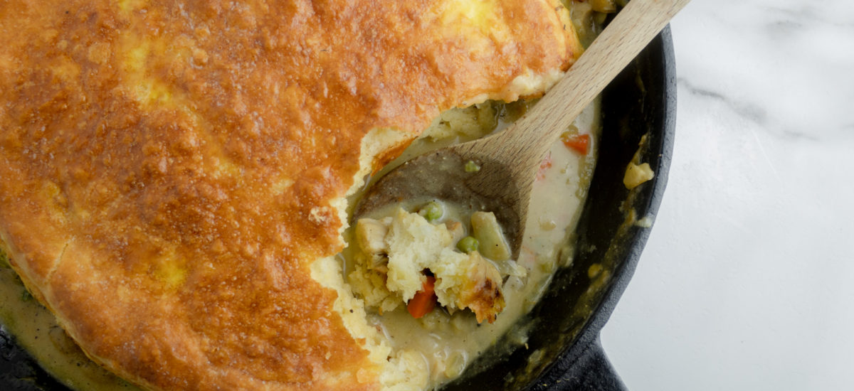 Pot Pie Baked in a skillet with biscuit topping