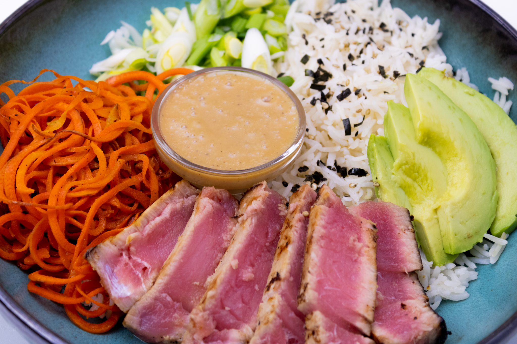 Seared Tuna Steak with rice and veggies